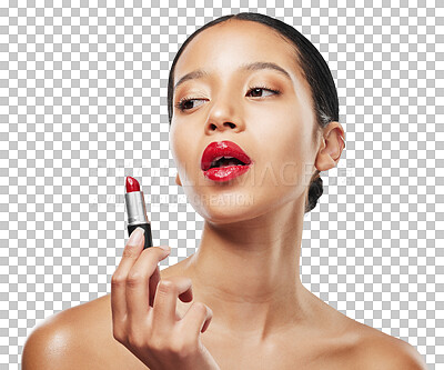 Buy stock photo Makeup, red lipstick and beauty with face of woman on transparent background for cosmetics, self care and salon. Foundation, results and wellness with female person isolated on png for glow and shine