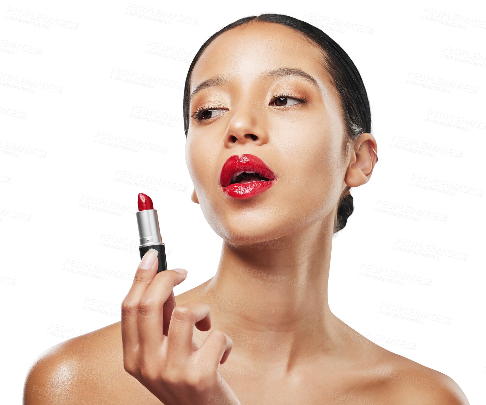 Buy stock photo Makeup, red lipstick and beauty with face of woman on transparent background for cosmetics, self care and salon. Foundation, results and wellness with female person isolated on png for glow and shine