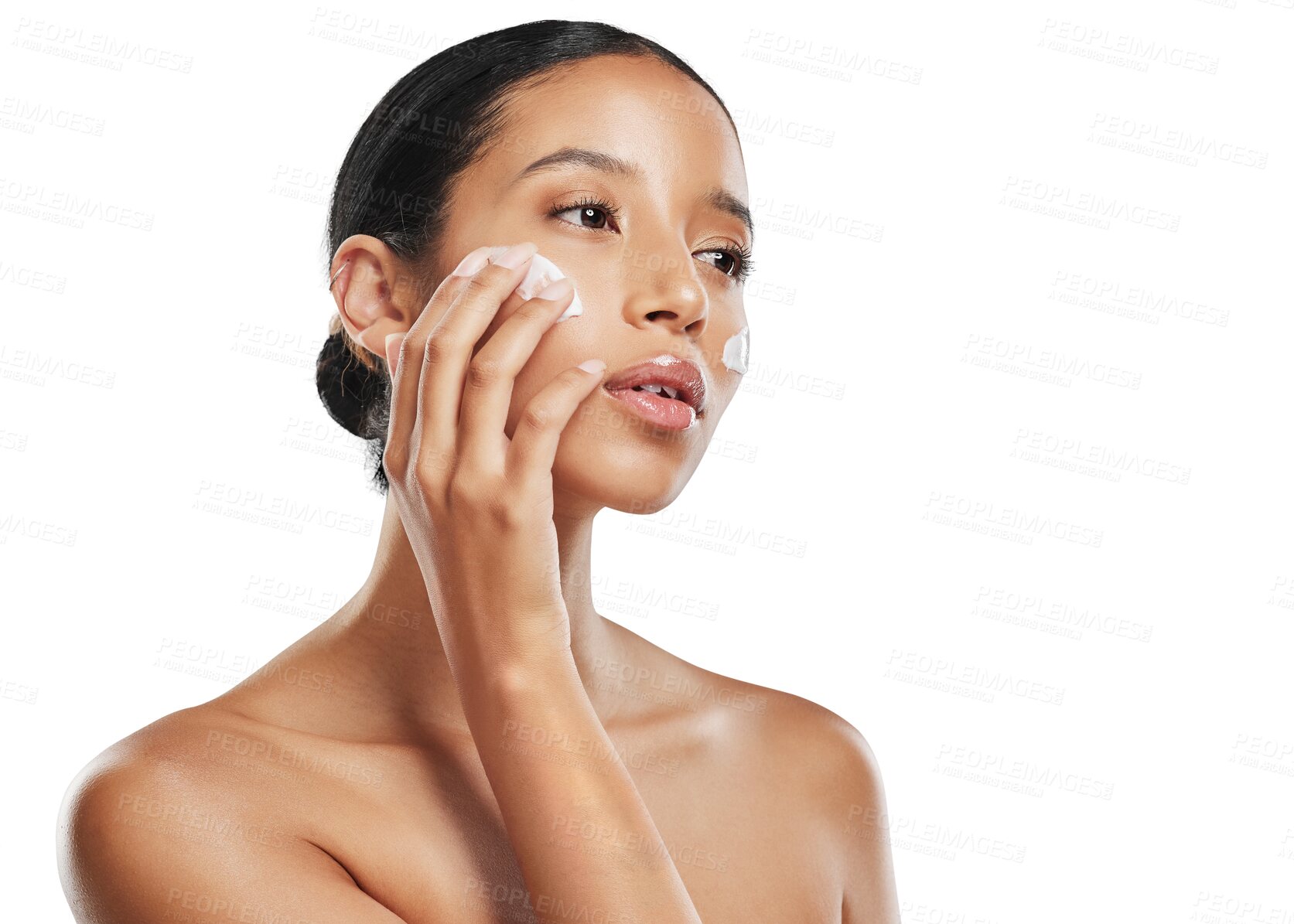 Buy stock photo Woman, face cream and relax for skincare beauty cosmetics isolated on a transparent PNG background. Calm female person applying skin product, lotion or creme in dermatology or facial treatment