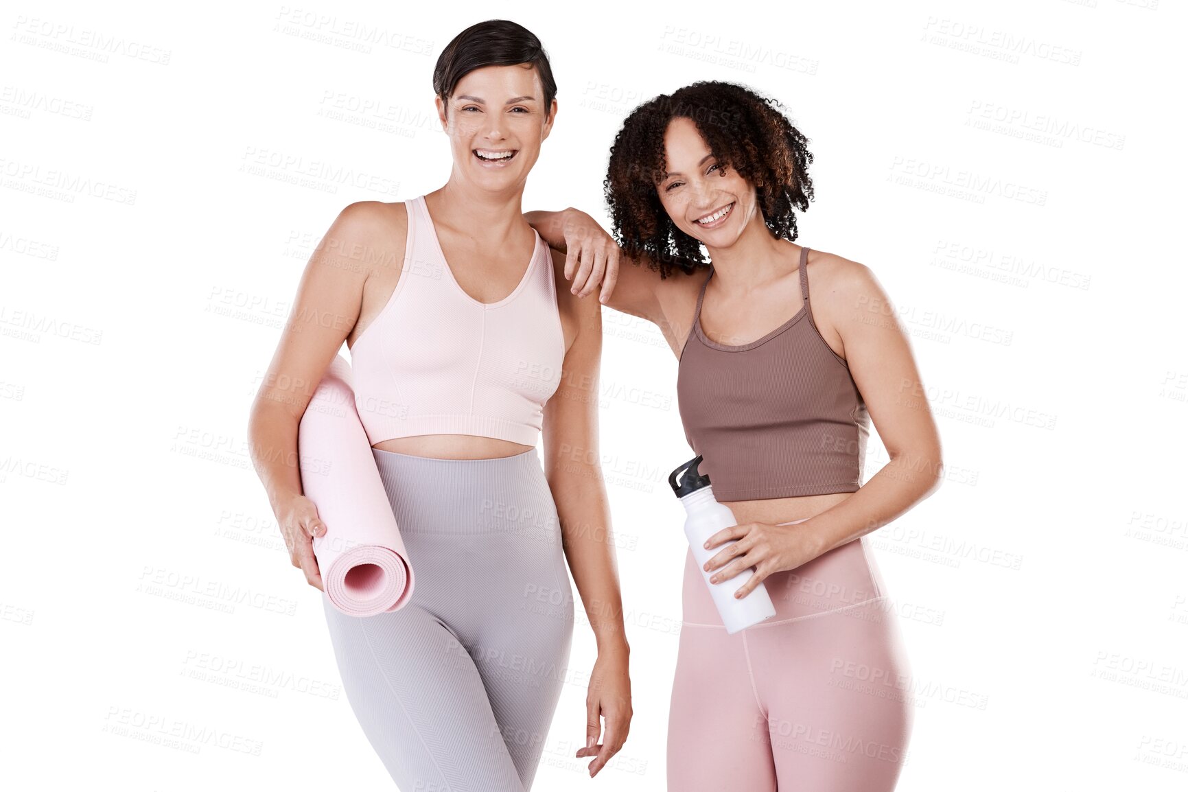 Buy stock photo Yoga fitness, girl friends or portrait of people on workout, exercise or training break together. Smile, friendship or happy women ready for pilates or wellness isolated on transparent png background