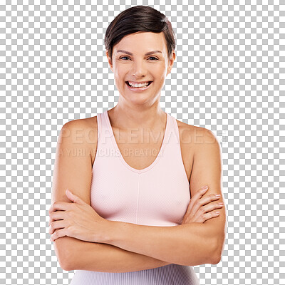 Buy stock photo Fitness, arms crossed or portrait of happy athlete on workout, exercise or training break for wellness. Smile, personal trainer or healthy woman ready to start isolated on transparent png background 