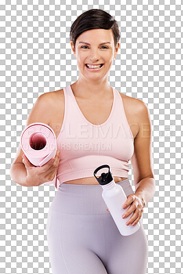 Buy stock photo Yoga, fitness and happy with portrait of woman on transparent background for workout, health and meditation. Pilates, exercise and body with female person isolated on png for wellness and healing