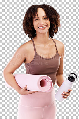 Buy stock photo Yoga fitness, portrait or happy woman on workout, exercise or training break with smile or water bottle. Mat, face or excited girl ready for pilates or wellness isolated on transparent png background