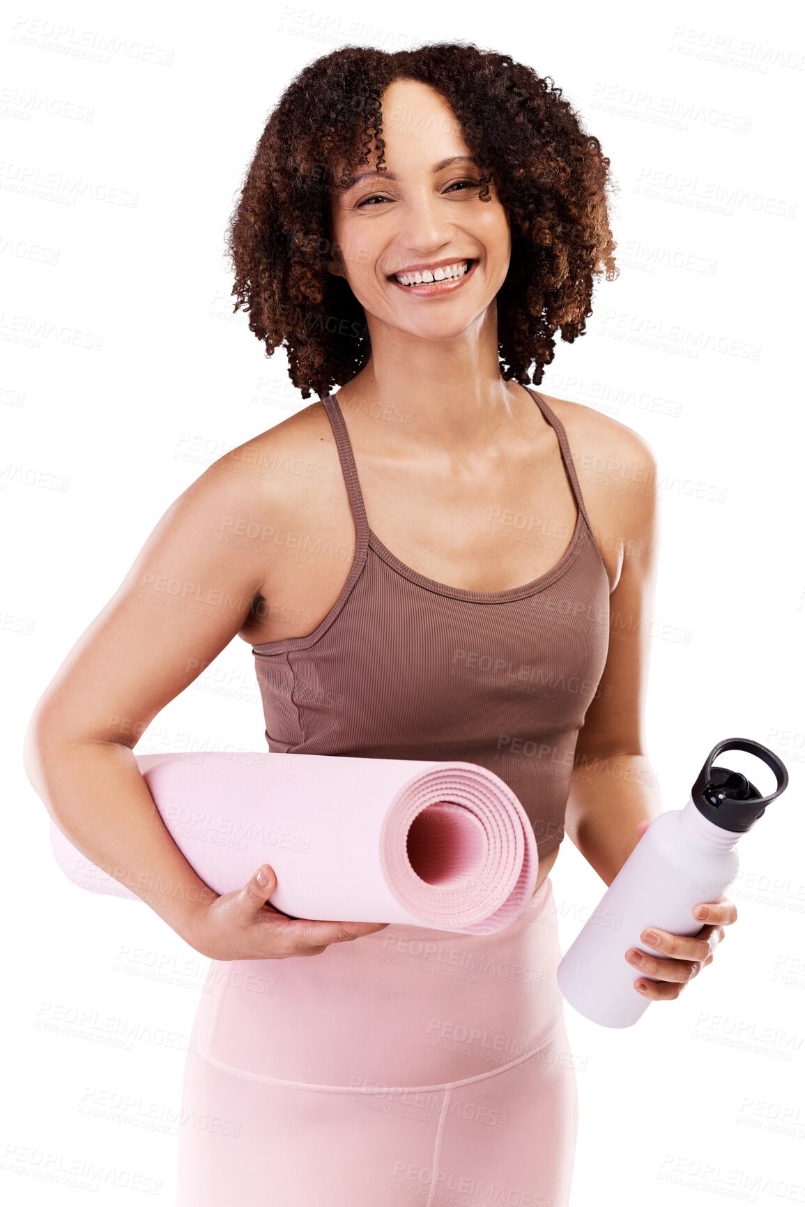 Buy stock photo Yoga fitness, portrait or happy woman on workout, exercise or training break with smile or water bottle. Mat, face or excited girl ready for pilates or wellness isolated on transparent png background