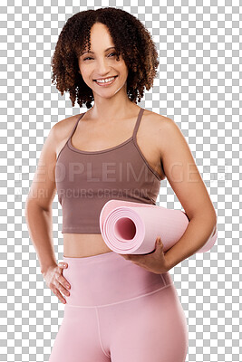 Buy stock photo Yoga fitness, portrait or happy girl on workout, exercise or training break with smile or confidence. Mat, face or healthy woman ready for pilates or wellness isolated on transparent png background