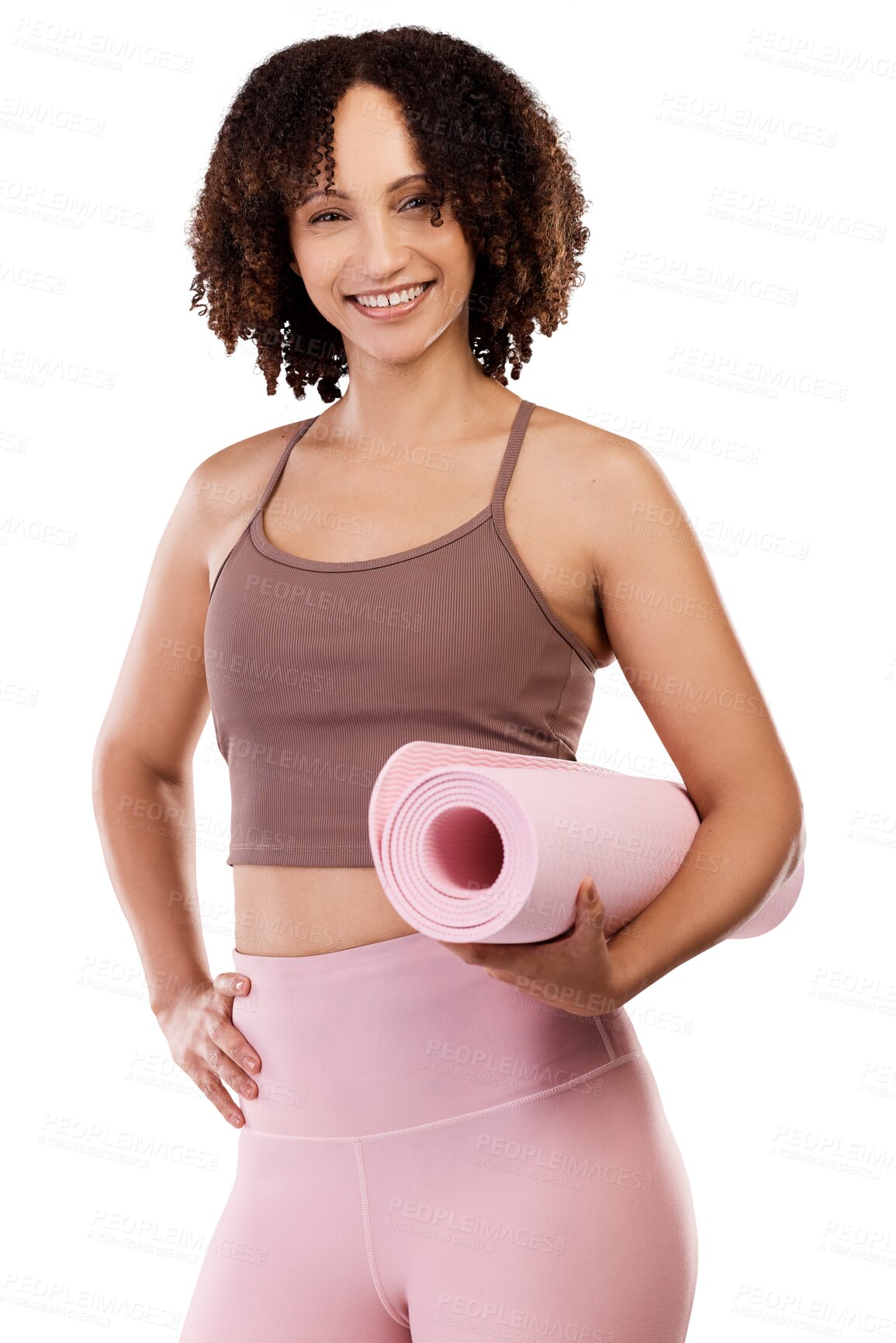 Buy stock photo Yoga fitness, portrait or happy girl on workout, exercise or training break with smile or confidence. Mat, face or healthy woman ready for pilates or wellness isolated on transparent png background