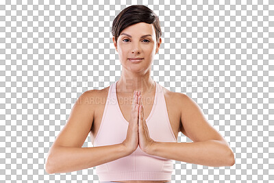 Buy stock photo Yoga fitness, portrait or woman on workout, exercise or training in tree pose for balance or wellness. Prayer, hands or healthy zen girl in pilates for peace isolated on transparent png background