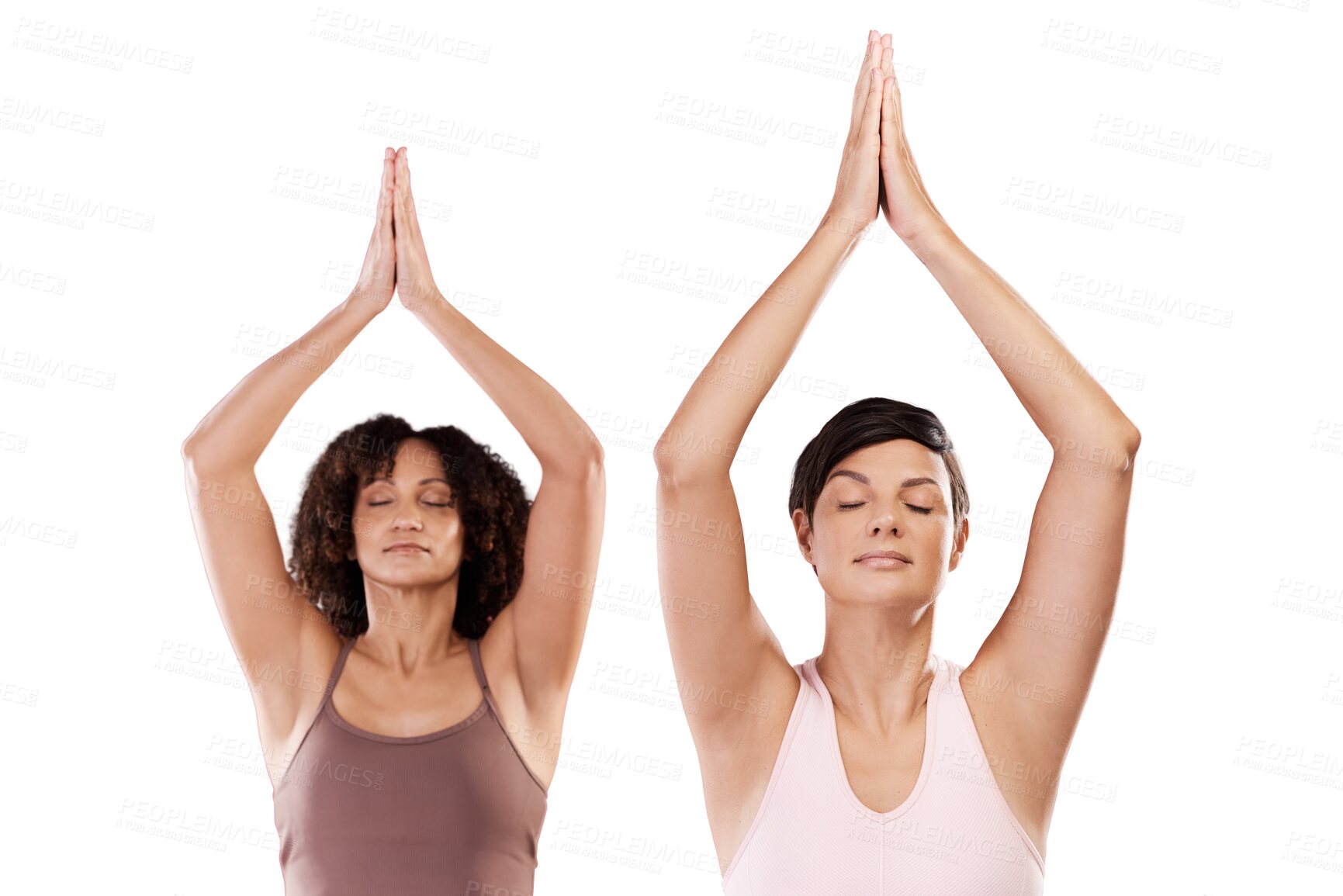 Buy stock photo Yoga, meditation or people in tree pose in workout, exercise or training together with peace or balance. Wellness, friendship or women in zen pilates class isolated on transparent png background 