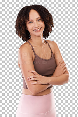 Buy stock photo Fitness, arms crossed or portrait of happy girl on workout, exercise or training break for wellness. Smile, personal trainer or healthy woman ready to start isolated on transparent png background 