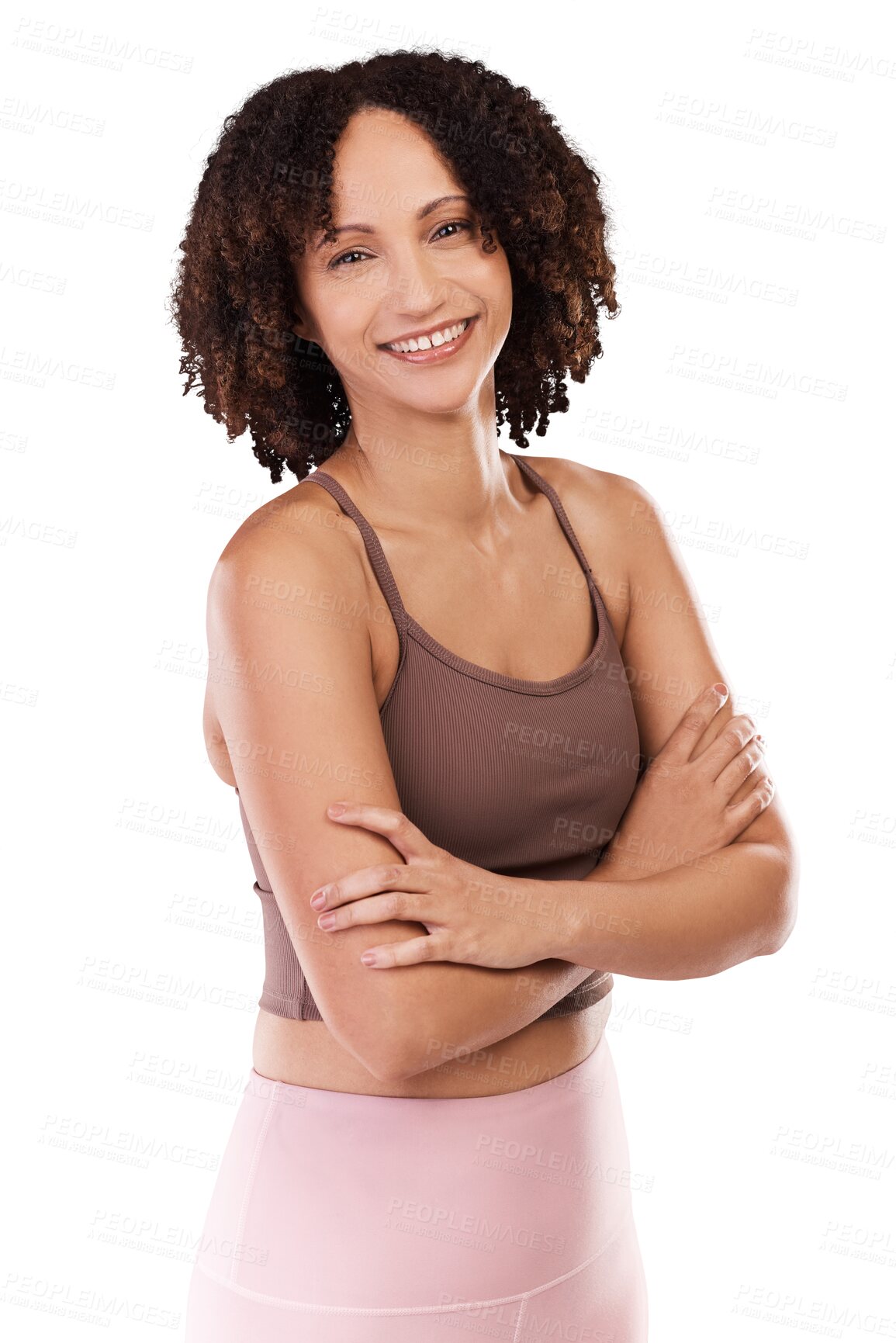 Buy stock photo Fitness, arms crossed or portrait of happy girl on workout, exercise or training break for wellness. Smile, personal trainer or healthy woman ready to start isolated on transparent png background 