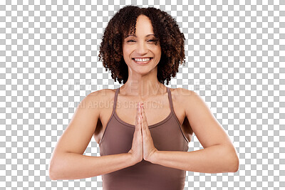 Buy stock photo Yoga, portrait and happy woman with praying hands on isolated, transparent or png background. Prayer pose, face and lady person smile for meditation, peace or holistic exercise for mental health