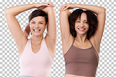 Buy stock photo Yoga, friends and portrait of women stretching for exercise on isolated, transparent or png background. Face, smile and woman stretch with personal trainer for pilates, fitness or warm up workout