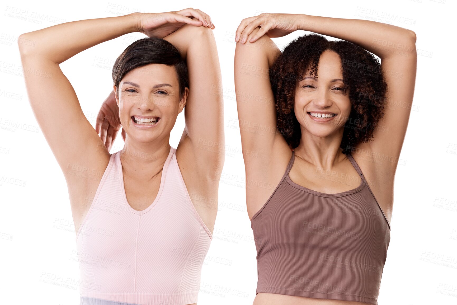 Buy stock photo Yoga, friends and portrait of women stretching for exercise on isolated, transparent or png background. Face, smile and woman stretch with personal trainer for pilates, fitness or warm up workout