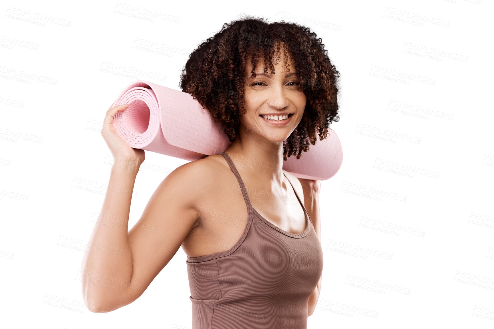 Buy stock photo Yoga mat, portrait and happy woman ready for fitness on isolated, transparent or png background. Pilates, face and female athlete smile before training, workout and body warm up routine at a gym 
