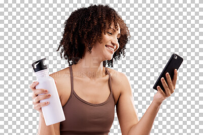 Buy stock photo Fitness, break and happy woman with a phone and water bottle on isolated, transparent and png background. Exercise, relax and female athlete smile while reading social media, app or text at gym