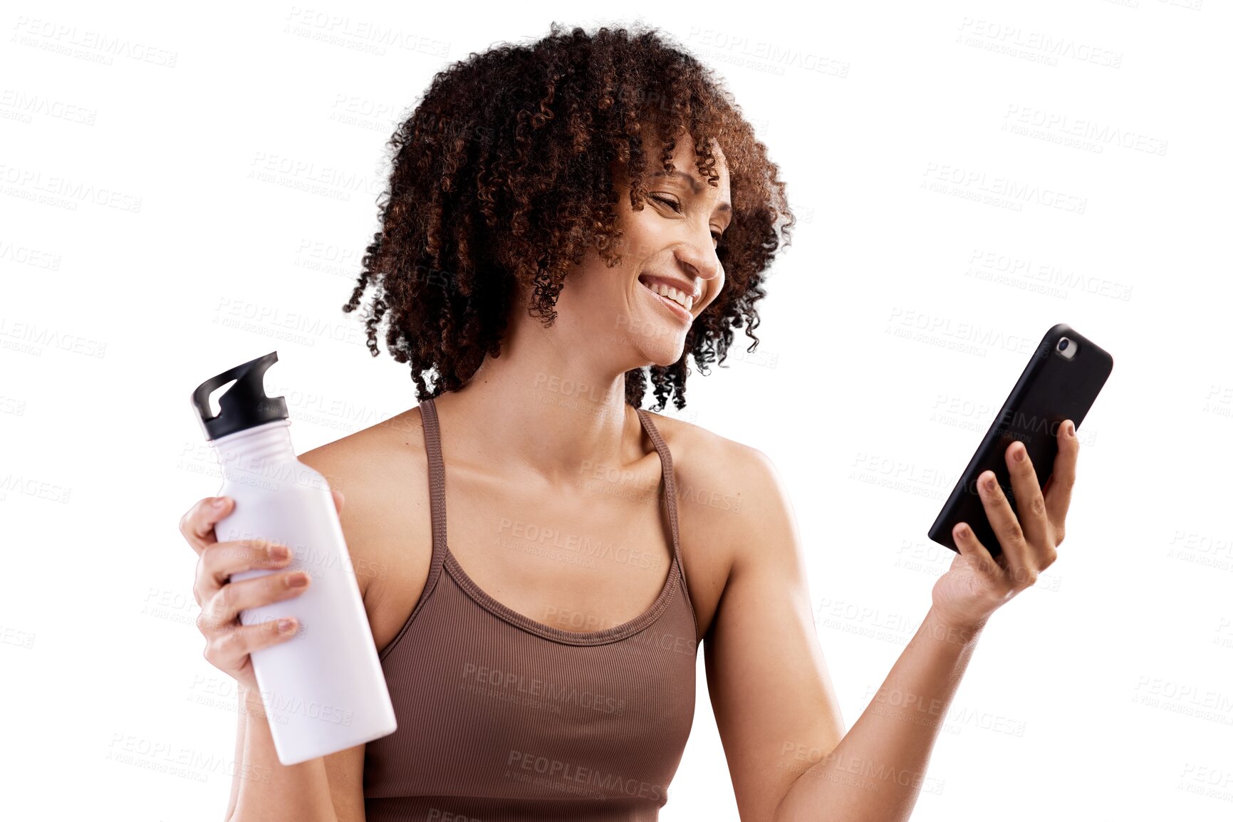 Buy stock photo Fitness, break and happy woman with a phone and water bottle on isolated, transparent and png background. Exercise, relax and female athlete smile while reading social media, app or text at gym