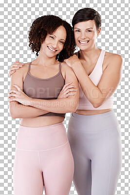 Buy stock photo Fitness, girl friends or portrait of happy people in fun workout, exercise or training together. Smile, friendship or healthy women ready for sports or wellness isolated on transparent png background