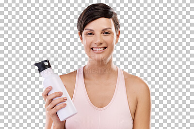 Buy stock photo Fitness, portrait or happy woman with water bottle on workout, exercise or training break with smile. Gym, face or healthy girl ready for pilates or wellness isolated on transparent png background