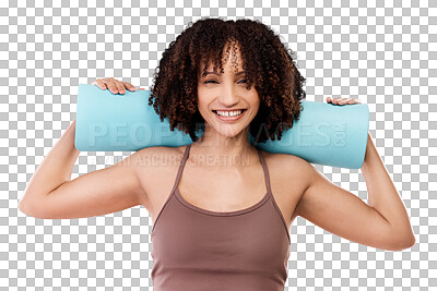 Buy stock photo Portrait, yoga mat and happy woman ready for fitness on isolated, transparent or png background. Pilates, face and female athlete smile before training, workout and body warm up exercise at a gym 