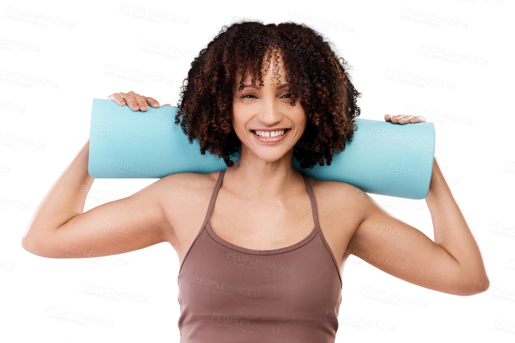 Buy stock photo Portrait, yoga mat and happy woman ready for fitness on isolated, transparent or png background. Pilates, face and female athlete smile before training, workout and body warm up exercise at a gym 