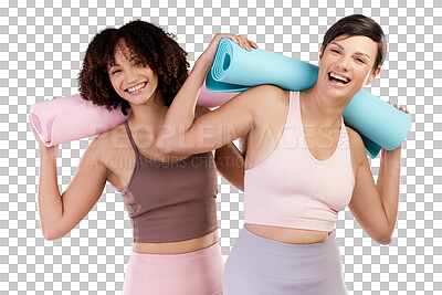 Buy stock photo Exercise, friends and portrait of women with yoga mat happy on isolated, transparent and png background. Face, smile and woman with personal trainer for training, pilates and fitness class at a gym