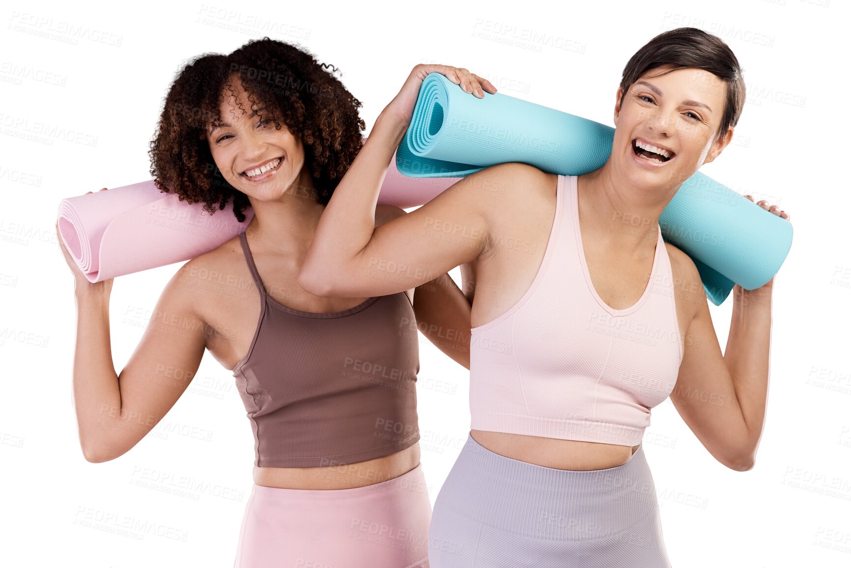 Buy stock photo Exercise, friends and portrait of women with yoga mat happy on isolated, transparent and png background. Face, smile and woman with personal trainer for training, pilates and fitness class at a gym