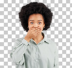 Portrait, hand and wow with a shocked woman in studio on a gray background feeling surprised by gossip. Face, mouth or afro and a young female hearing news with an omg or wtf expression of disbelief