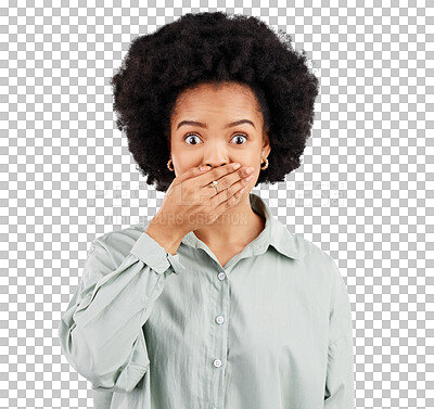 Buy stock photo Portrait, cover mouth and woman shocked over OMG gossip, news or surprise secret announcement. Emoji facial expression, wow notification or African person face isolated on transparent, png background