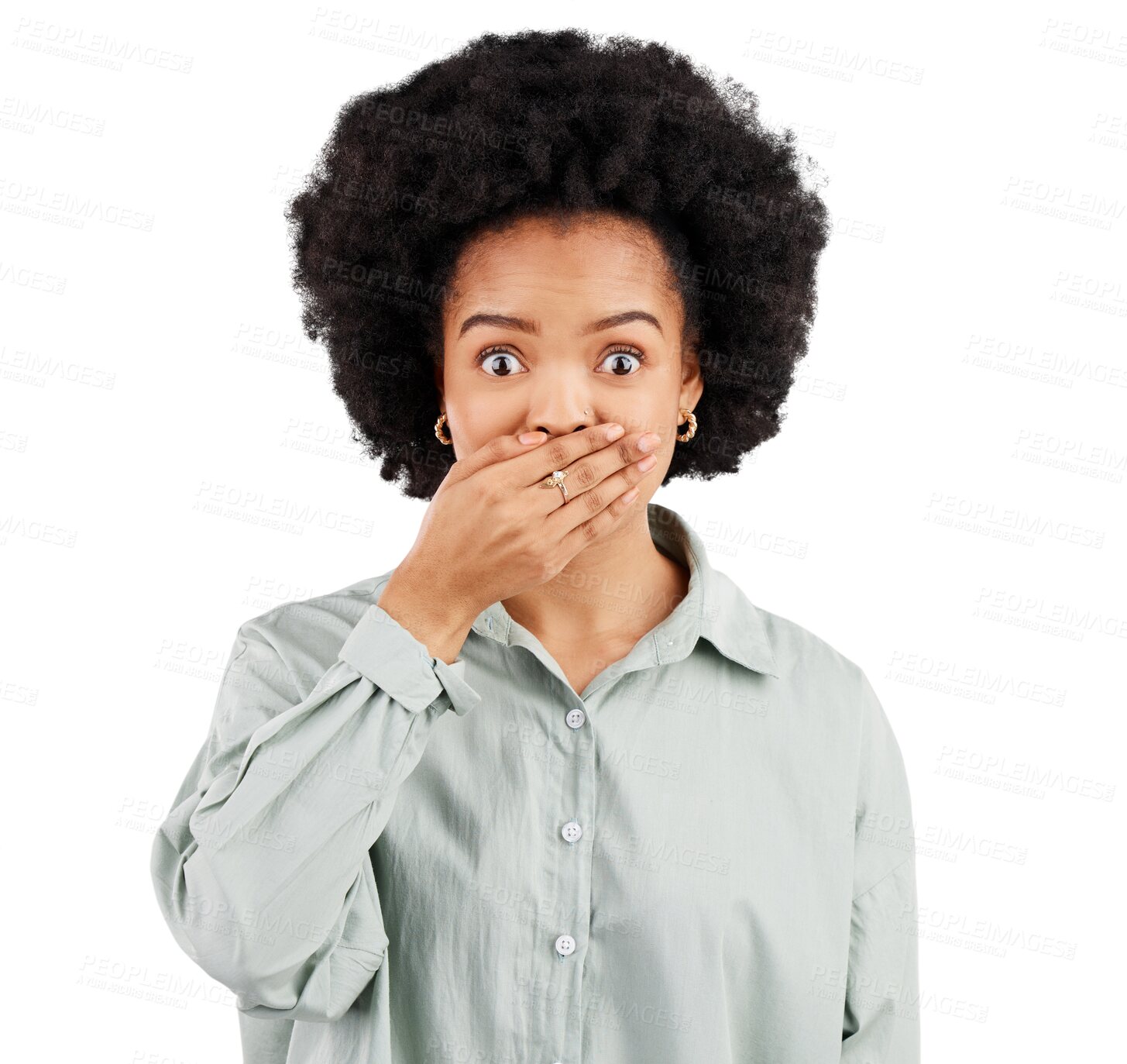 Buy stock photo Portrait, cover mouth and woman shocked over OMG gossip, news or surprise secret announcement. Emoji facial expression, wow notification or African person face isolated on transparent, png background