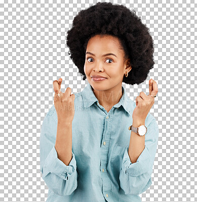 Buy stock photo Luck, hope and portrait of black woman with fingers crossed on isolated, PNG and transparent background. Wish, waiting and face of anxious female person with emoji hand sign for winning competition