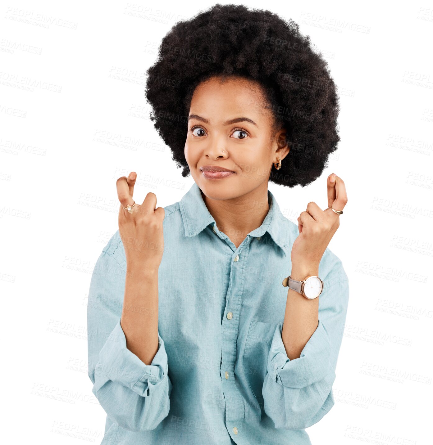 Buy stock photo Luck, hope and portrait of black woman with fingers crossed on isolated, PNG and transparent background. Wish, waiting and face of anxious female person with emoji hand sign for winning competition