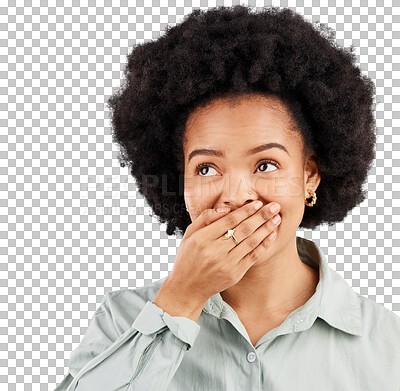 Buy stock photo Thinking, cover mouth and woman face shocked over gossip, news or surprise promo announcement. Advertising commercial idea, wow notification and African person isolated on transparent, png background