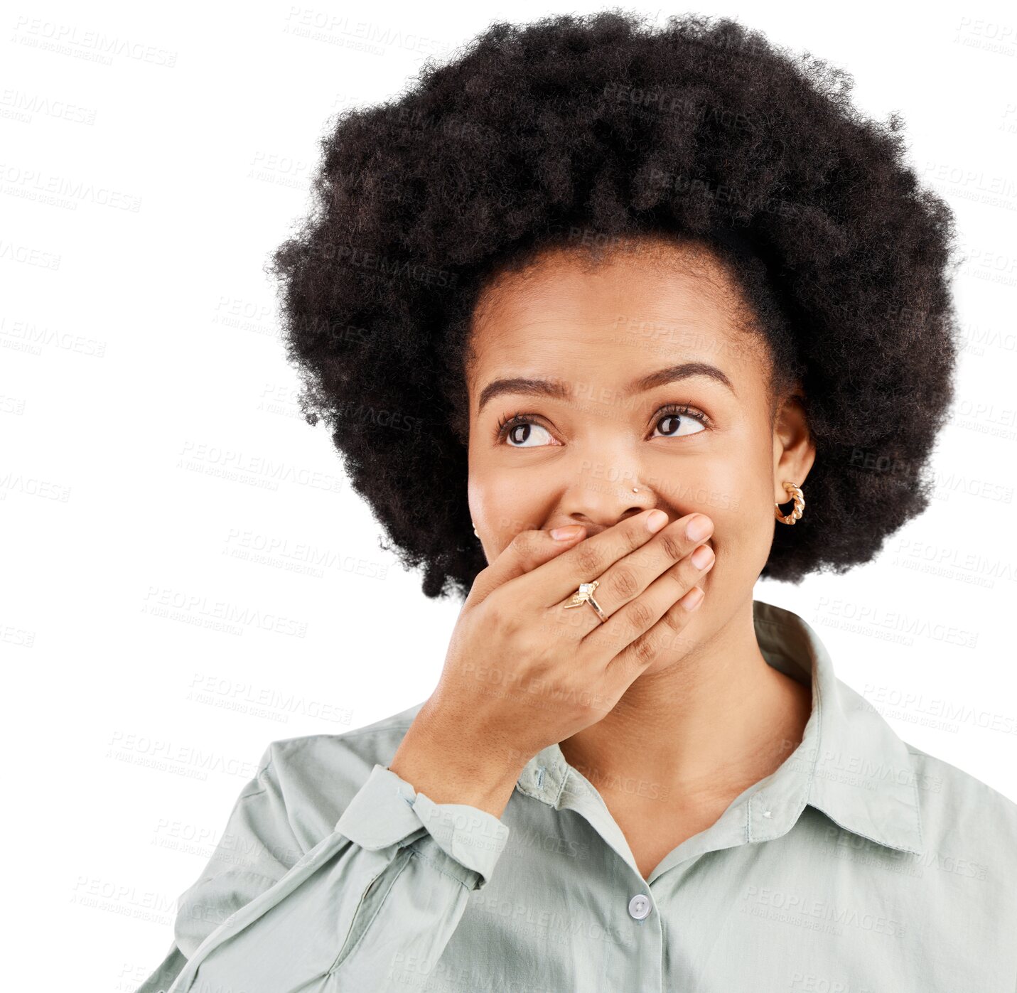 Buy stock photo Thinking, cover mouth and woman face shocked over gossip, news or surprise promo announcement. Advertising commercial idea, wow notification and African person isolated on transparent, png background