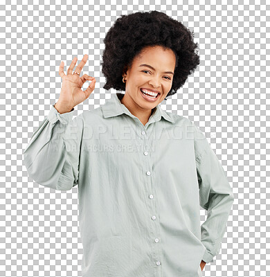 Buy stock photo Approval, okay sign and portrait of black woman with smile on isolated, PNG and transparent background. Success, winner and happy female person with ok hand emoji for agreement, thank you and perfect