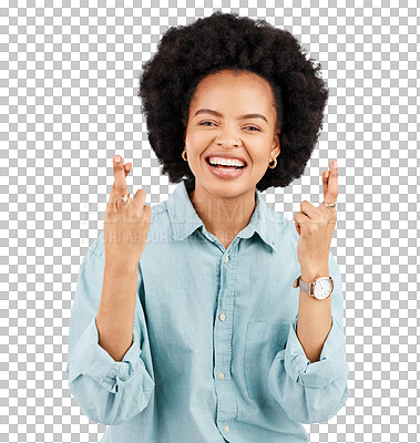 Luck, woman portrait and fingers crossed with hope and smile in a studio with happiness. Isolated, gray background and young female model with hopeful and emoji hand sign laughing and waiting for win