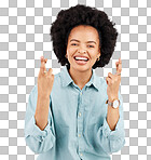 Luck, woman portrait and fingers crossed with hope and smile in a studio with happiness. Isolated, gray background and young female model with hopeful and emoji hand sign laughing and waiting for win