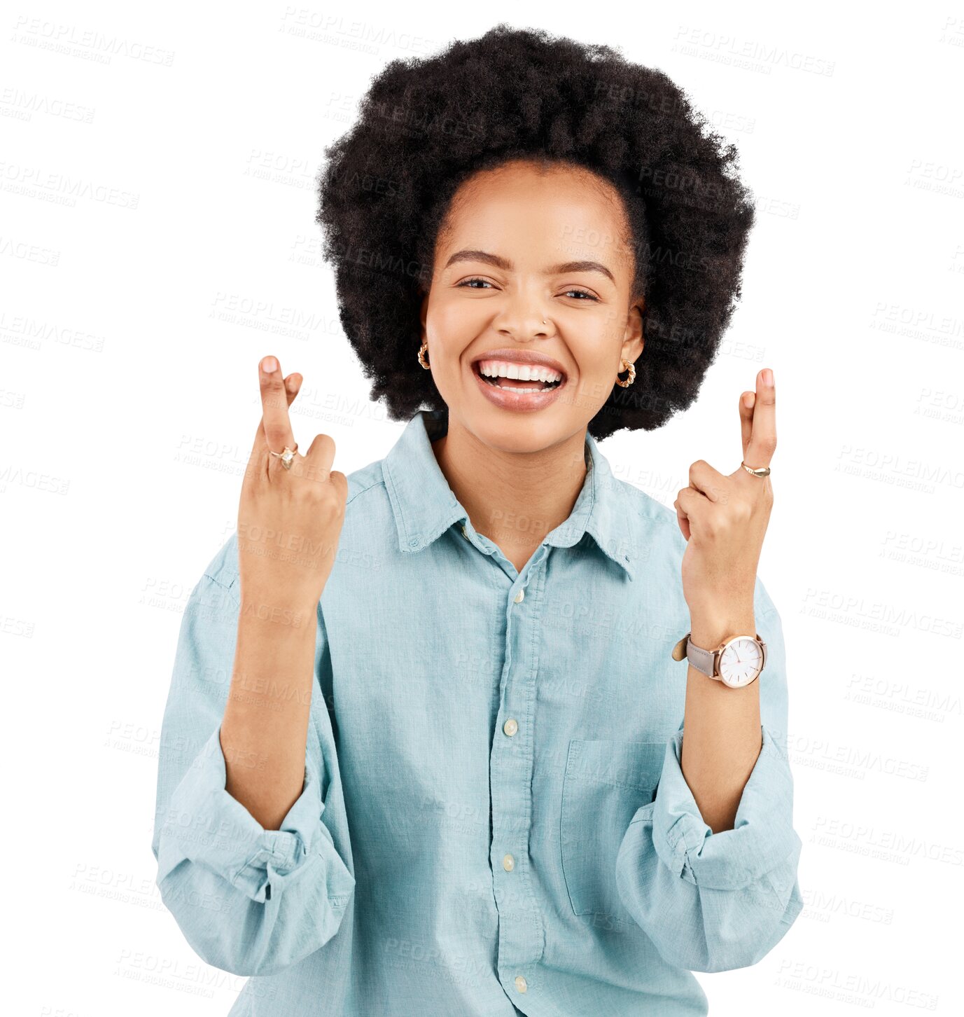 Buy stock photo Luck, happy and portrait of black woman with fingers crossed on isolated, PNG and transparent background. Wish, waiting and face of female person with emoji hand sign for winning, hope and miracle