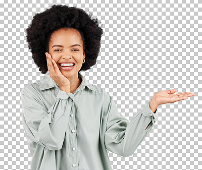 Buy stock photo Happy, portrait and woman palm gesture, smile and presentation of opportunity, sales or logo design. Excited African person show advertising info, news or deal isolated on transparent, png background