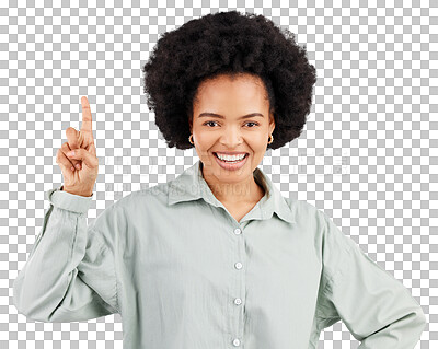 Buy stock photo Happiness portrait, direction and woman point, gesture or show sale news, service info or promotion announcement. Advertising, discount deal and African person isolated on transparent, png background