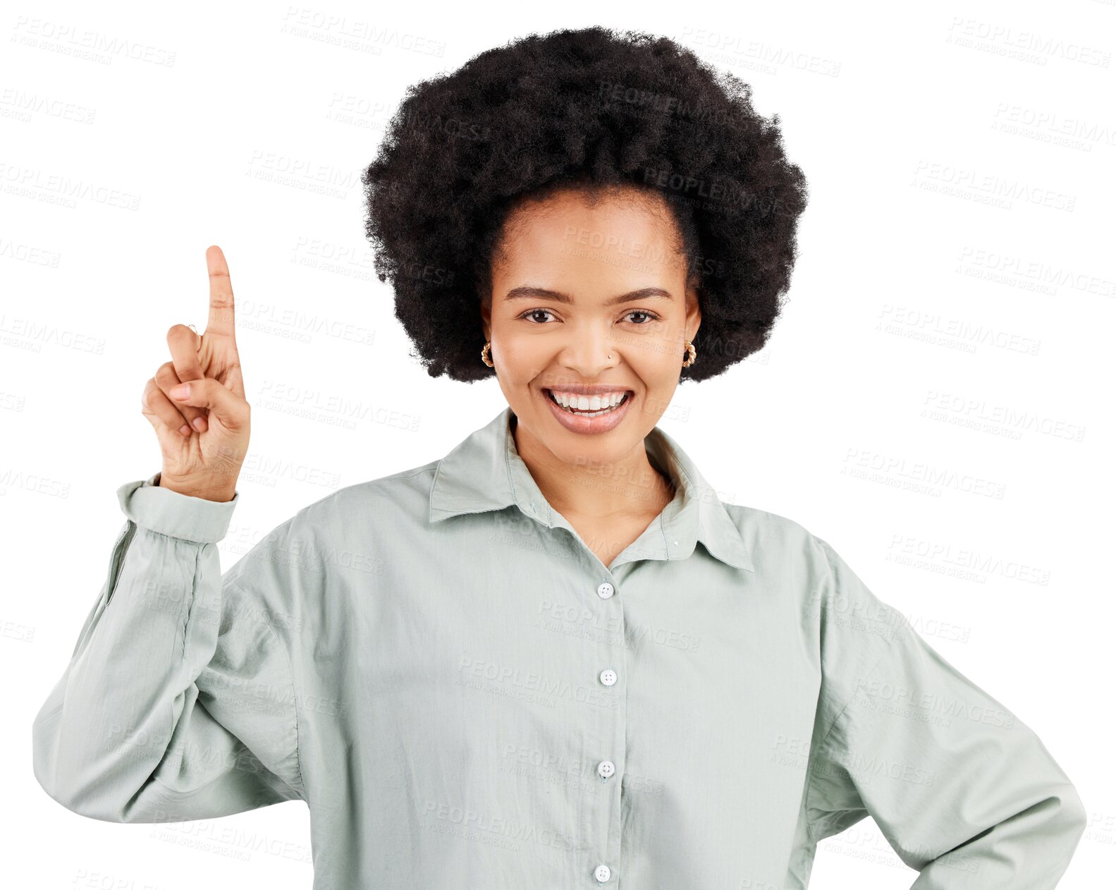 Buy stock photo Happiness portrait, direction and woman point, gesture or show sale news, service info or promotion announcement. Advertising, discount deal and African person isolated on transparent, png background