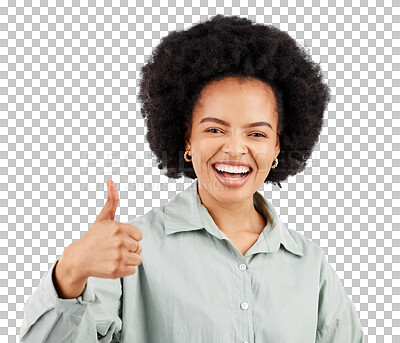 Buy stock photo Satisfaction, face portrait and happy woman thumbs up for achievement, target goals success or emoji hand sign. Congratulations, vote or excited African person isolated on transparent, png background