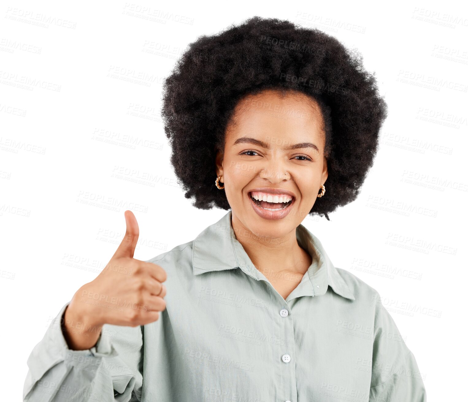 Buy stock photo Satisfaction, face portrait and happy woman thumbs up for achievement, target goals success or emoji hand sign. Congratulations, vote or excited African person isolated on transparent, png background