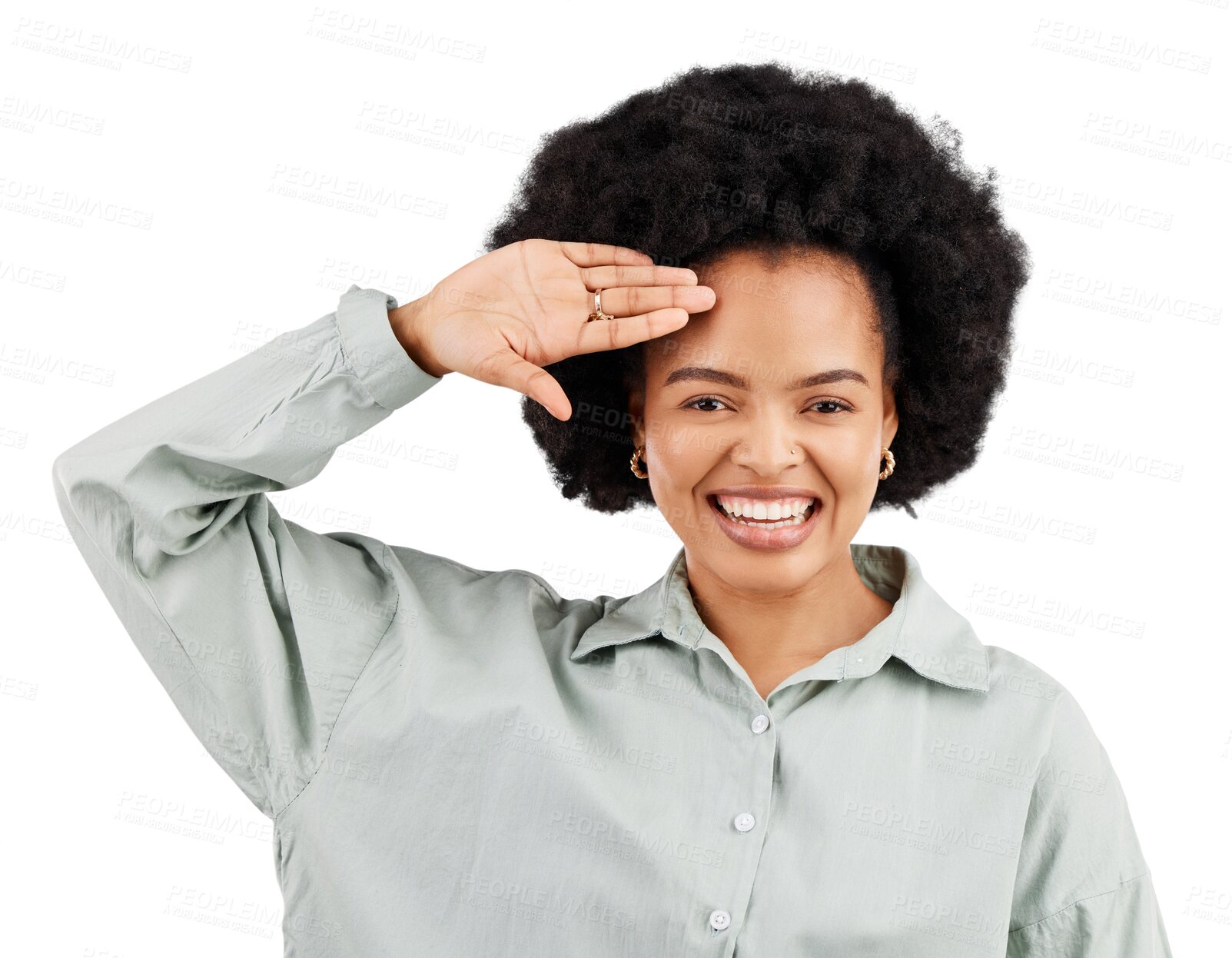 Buy stock photo Salute, smile and portrait of woman greeting feeling proud and isolated on a transparent, png background. Happy, pride and young African female with welcome and respect doing hello open palm sign