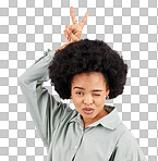 Goofy, happy woman and portrait with a wink, pout and bunny ears hand sign in a studio. Isolated, grey background and peace emoji hands of a female model feeling funny with fun comedy and joke