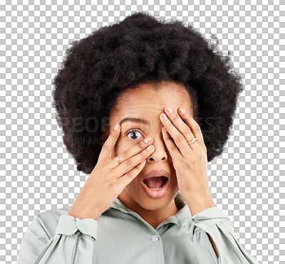 Buy stock photo Shocked, fear and hide with portrait of black woman on transparent background for announcement, horror and news. Surprise, eye and hand on face of female person isolated on png for secret and 