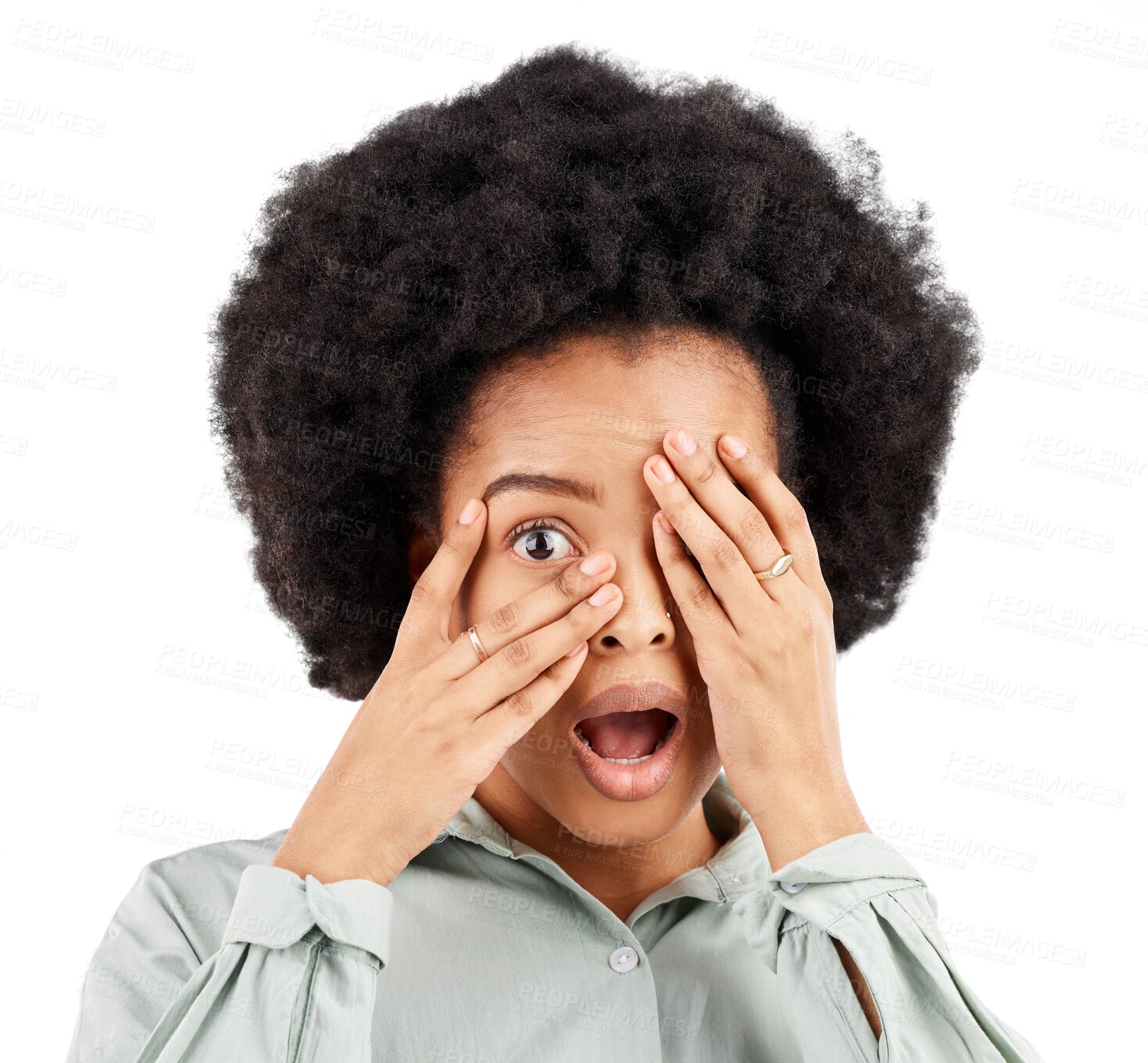 Buy stock photo Shocked, fear and hide with portrait of black woman on transparent background for announcement, horror and news. Surprise, eye and hand on face of female person isolated on png for secret and 