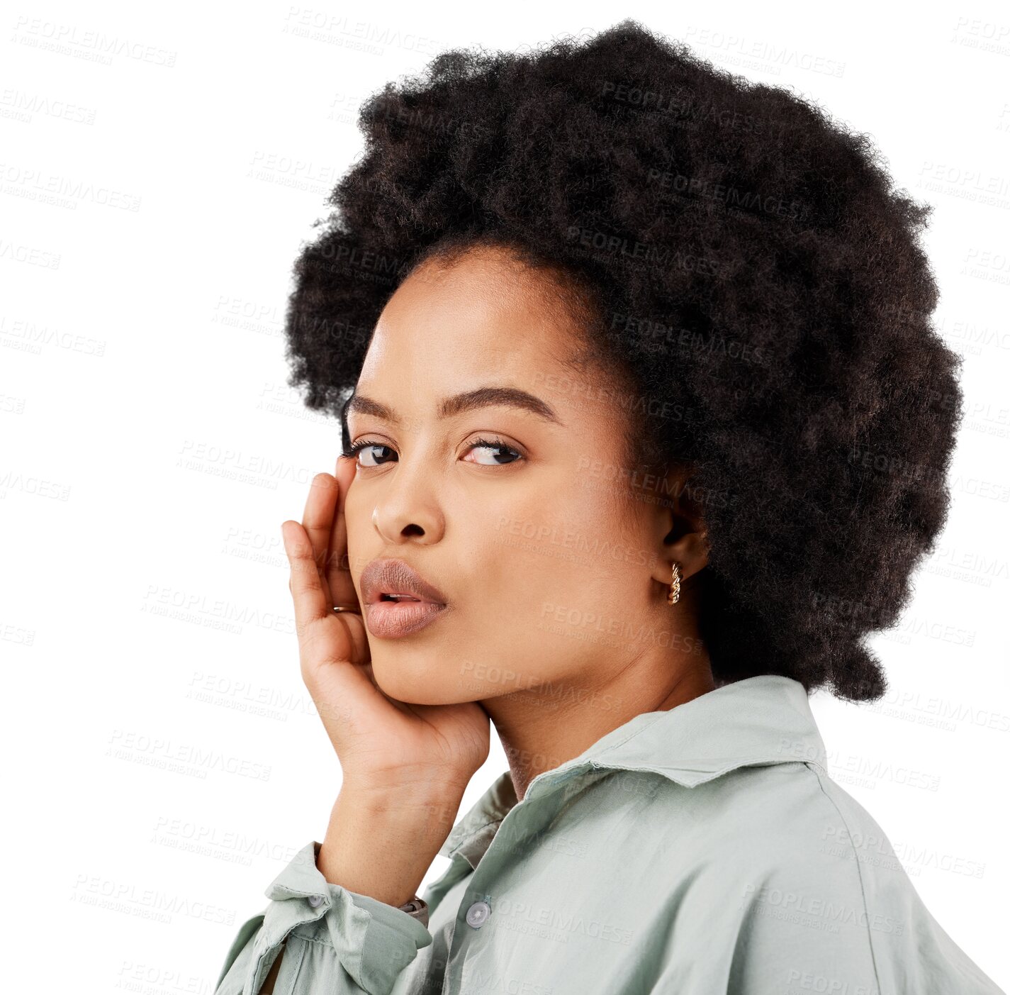 Buy stock photo Natural beauty, thinking and portrait of a black woman with an afro isolated on a transparent, png background. Skincare, relax and face of an African girl with a glow, cosmetics and confidence