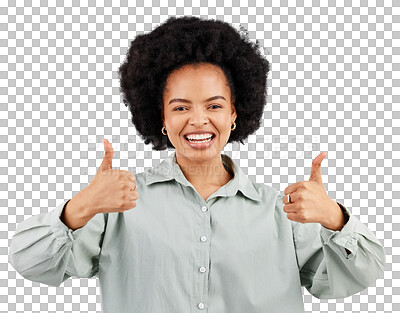 Buy stock photo Satisfaction smile, portrait and happy woman thumbs up for success achievement, agreement or emoji like gesture. Support feedback, yes vote or African person isolated on transparent, png background