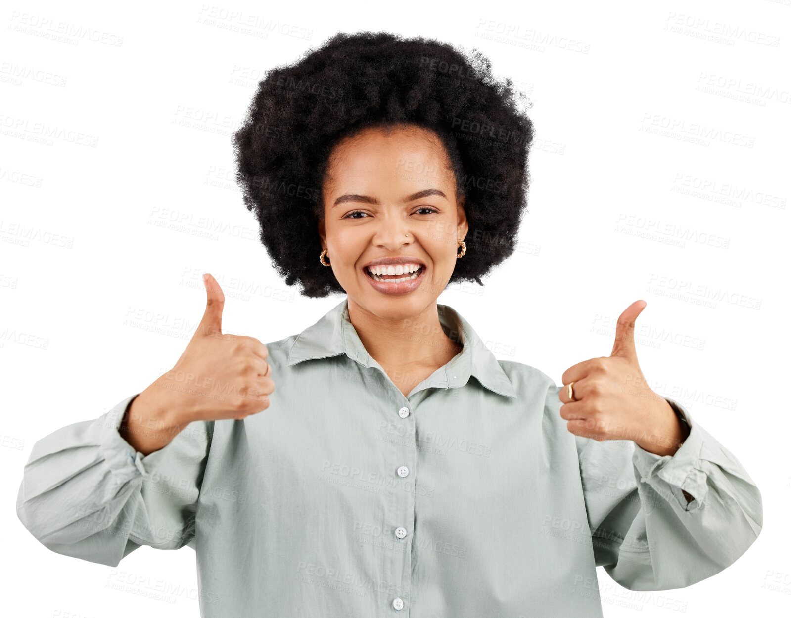 Buy stock photo Satisfaction smile, portrait and happy woman thumbs up for success achievement, agreement or emoji like gesture. Support feedback, yes vote or African person isolated on transparent, png background