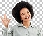 Happy portrait, woman and face in studio with vulcan, sci fi and emoji hand sign with a smile. Happiness, palm and greeting of a female employee salute with silly, cheerful and goofy hands gesture